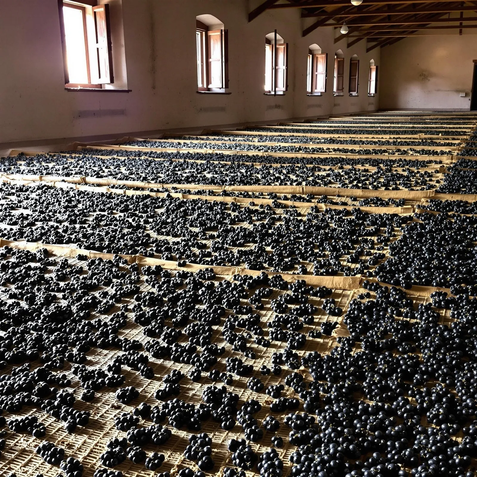 Amarone-vinproduktion i Valpolicella med druvor som torkas på traditionella trämattor i ett torkrum
